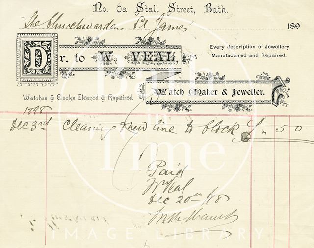 W. Veal, 6a, Stall Street, Bath 1898