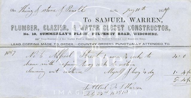 Samuel Warren, 10, Summerlay's Place, Pulteney Road, Bath 1857