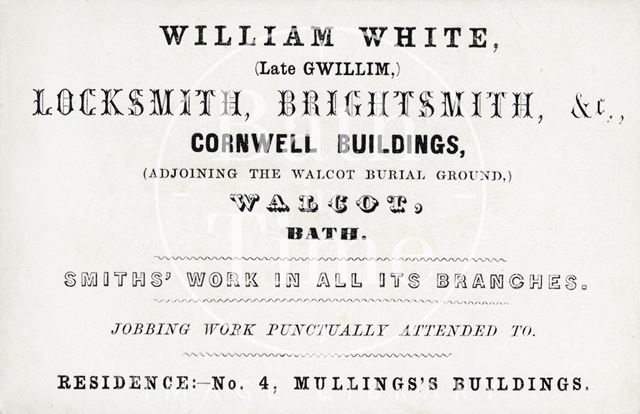 William White (late Gwillim), Cornwell Buildings, Walcot, adj. to Walcot Burial Ground & 4, Mullings's Buildings (residence), Bath c.1860