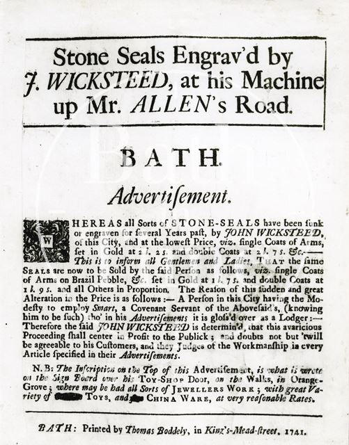 J. Wicksteed, Mr. Allen's Road, Bath 1741