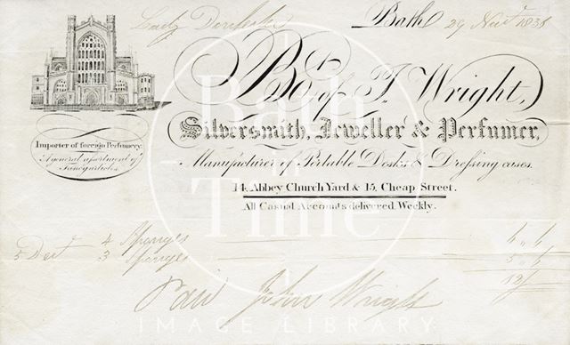 I. Wright, 14, Abbey Church Yard & 15, Cheap Street, Bath 1838