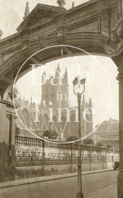 Bath Abbey, viewed under the arch leading to the old laundry, York Street c.1940