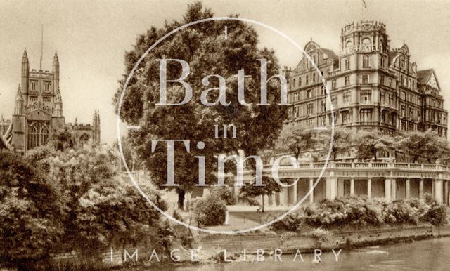 Bath Abbey and Empire Hotel from Parade Gardens c.1940