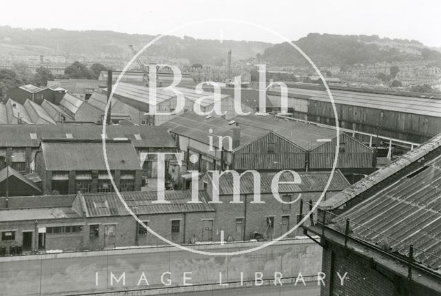 View over Stothert and Pitt's factory from the gas works retort house, Bath 1971