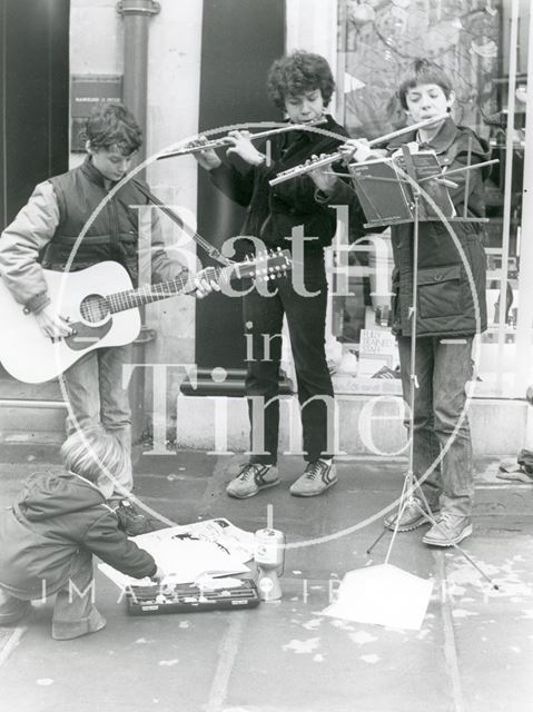 Schoolboy buskers, Milsom Street, Bath 1983