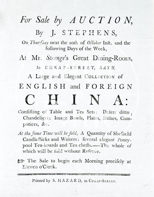 Auction details for the sale of a large and elegant collection of English and foreign China in Bath c.1790?