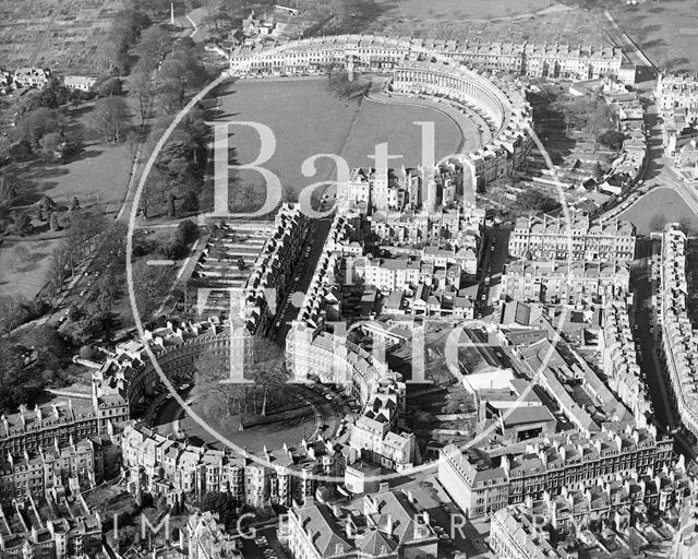 Classic aerial view of the Circus, Brock Street and Royal Crescent, Bath c.1970