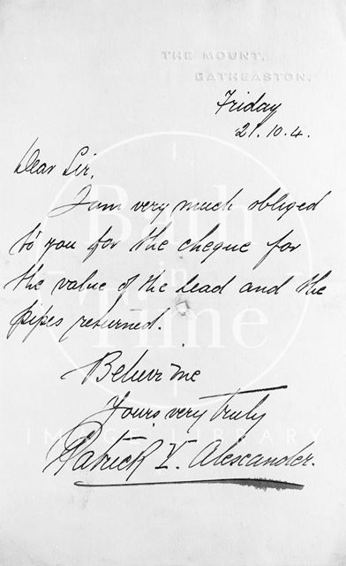 A letter from Patrick Alexander 1904