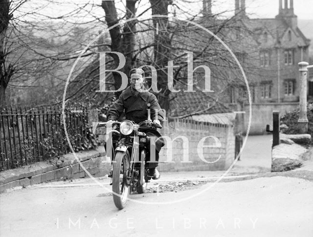 A test rider on an H.R.D. Series P prototype motorcycle at Southstoke c.1935