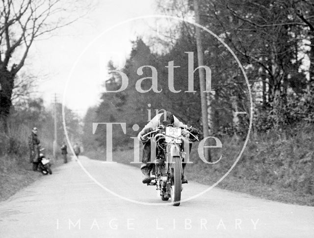 Road testing the Cross rotary valve Rudge motorcycle, Hinton Charterhouse near Bath c.1935