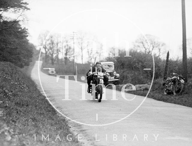 Road testing the Cross rotary valve Rudge motorcycle, Hinton Charterhouse near Bath c.1935