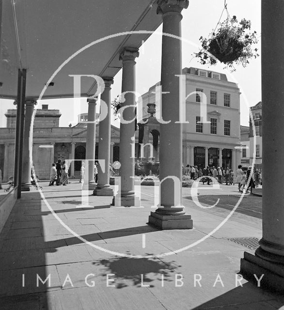 View from under the Colonnade of Bath Street towards the Mineral Water Fountain, Bath c.1977