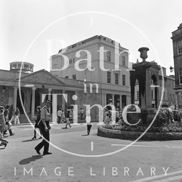 The Mineral Fountain and newly constructed Roman Baths shop, Bath c.1977