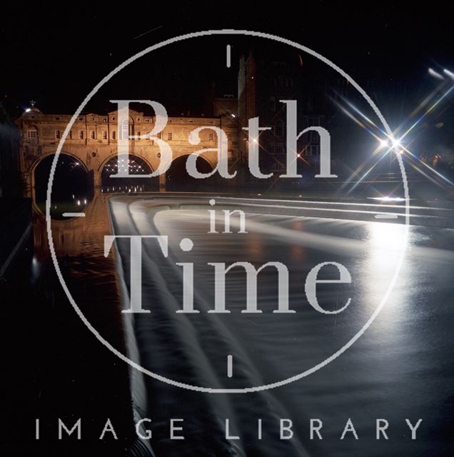 A floodlit Pulteney Bridge and weir, Bath 1985