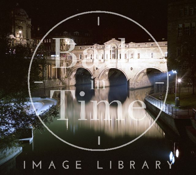 A floodlit Pulteney Bridge and weir, Bath 1985