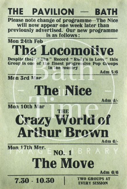 Flyer or poster for the Locomotive, the Nice, the Crazy World of Arthur Brown and the Move at the Pavilion, Bath 1969