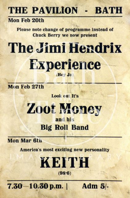 Flyer or poster for Jimi Hendrix and Zoot Money at the Pavilion, Bath 1967