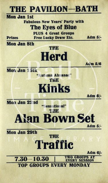 Flyer or poster for the Eyes of Blue, the Herd, the Kinks, the Alan Brown Set, the Traffic at the Pavilion, Bath 1968