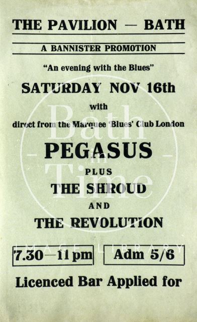 Flyer or poster for Pegasus plus the Shroud and the Revolution at the Pavilion, Bath 1968