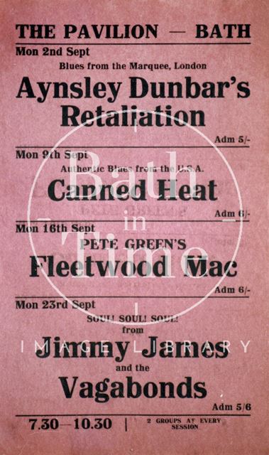 Flyer or poster for Aynsley Dunbar's Retaliation, Canned Heat, Peter Green's Fleetwood Mac and Jimmy James and the Vagabonds at the Pavilion, Bath 1968