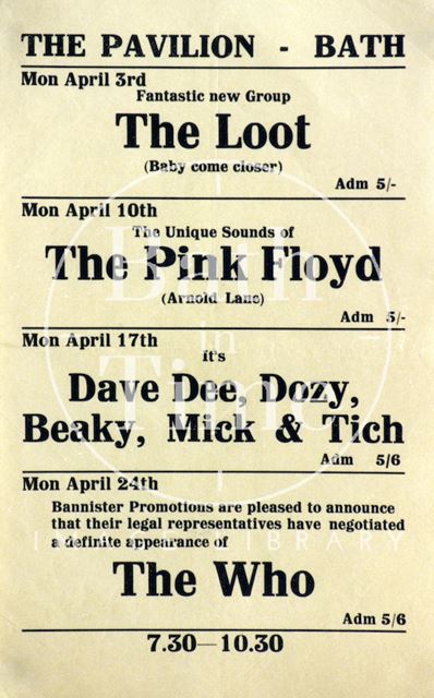 Flyer or poster for the Loot, the Pink Floyd, Dave Dee, Dozy, Beaky, Mick & Tich and the Who, Bath 1967