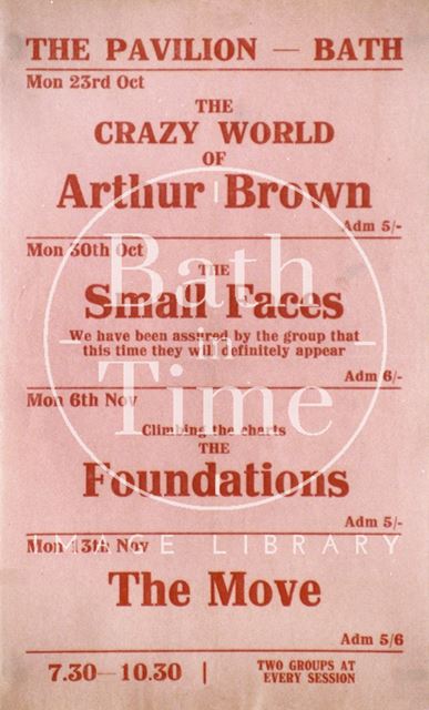 Flyer or poster for the Crazy World of Arthur Brown, the Small Faces, the Foundations and the Move at the Pavilion, Bath 1967