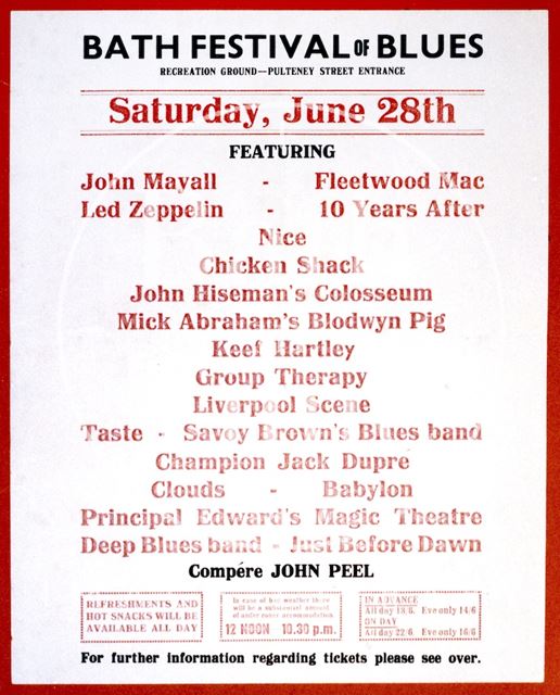 Flyer or poster for the Bath Festival of Blues, Bath Recreation Ground 1969