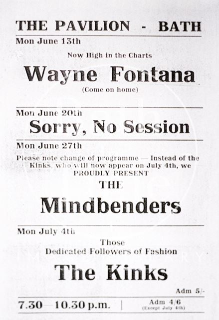 Flyer or poster for Wayne Fontana, the Mindbenders and the Kinks at the Pavilion, Bath 1966