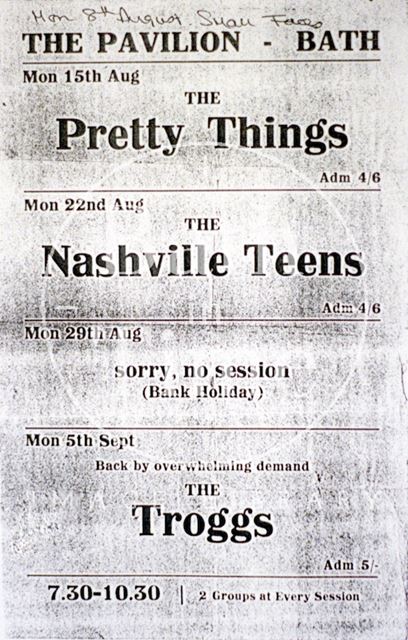 Flyer or poster for the Pretty Things, the Nashville Teens and the Troggs at the Pavilion, Bath 1966