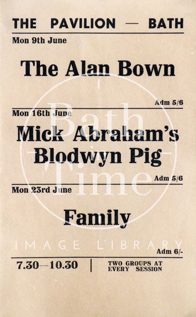 Flyer or poster for the Alan Bown, Mick Abraham's Blodwyn Pig and Family at the Pavilion, Bath 1969