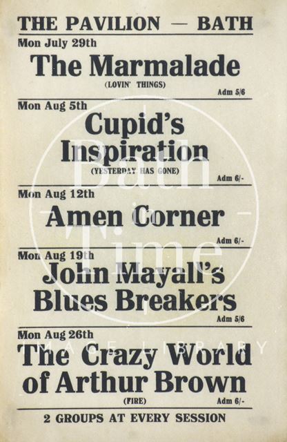 Flyer or poster for the Marmalade, Cupid's Inspiration, Amen Corner, John Mayall's Bluesbreakers and the Crazy World of Arthur Brown at the Pavilion, Bath 1968