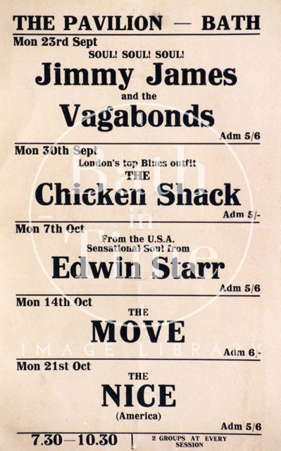 Flyer or poster for Jimmy James and the Vagabonds, the Chicken Shack, Edwin Starr, the Move and the Nice at the Pavilion, Bath 1968