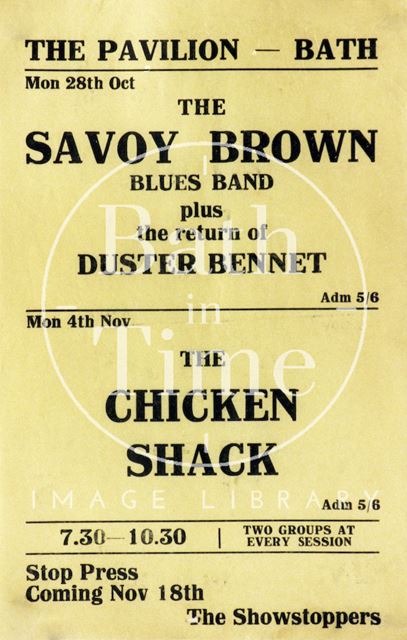 Flyer or poster for Savoy Brown plus Duster Bennett & Chicken Shack at Bath Pavilion 1968