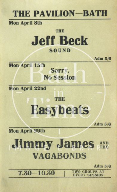 Flyer or poster for the Jeff Beck Sound, the Easybeats and Jimmy James and the Vagabonds at the Pavilion, Bath 1968