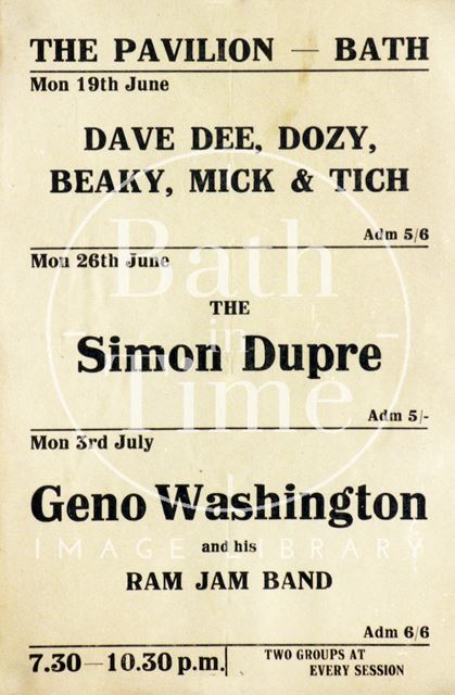 Flyer or poster for Dave Dee, Dozy, Beaky, Mick & Tich; the Simon Dupree and Geno Washington and his Ram Jam Band at the Pavilion, Bath 1967