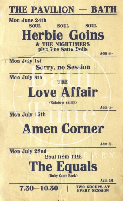 Flyer or poster for Herbie Goins & the Nightimers, the Love Affair, Amen Corner and the Equals at the Pavilion, Bath 1968