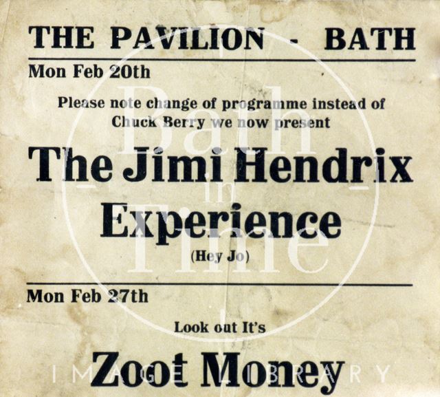 Flyer or poster for Jimi Hendrix and Zoot Money at the Pavilion, Bath 1967