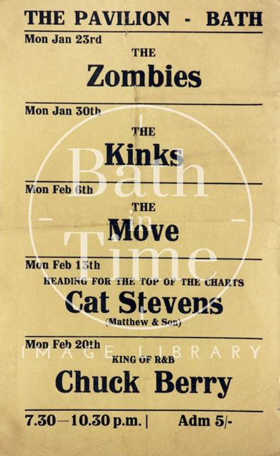 Flyer or poster for the Zombies, the Kinks, the Move, Cat Stevens and Chuck Berry at the Pavilion, Bath 1967