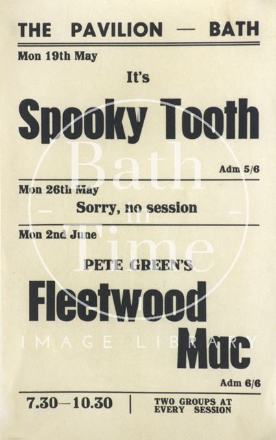 Flyer or poster for Spooky Tooth and Pete Green's Fleetwood Mac at the Pavilion, Bath 1969