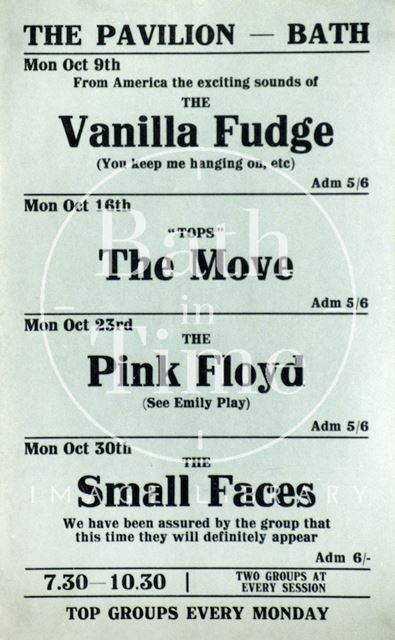 Flyer or poster for Vanilla Fudge, the Move, Pink Floyd and the Small Faces at the Pavilion Bath 1967