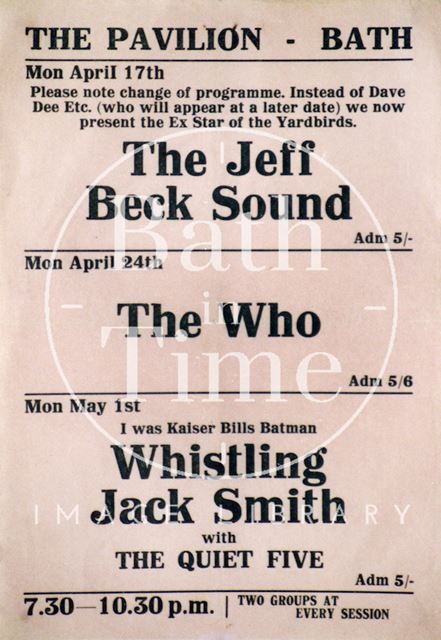 Flyer or poster for the Jeff Beck Sound, the Who and Whistling Jack Smith with the Quiet Five at the Pavilion, Bath 1967