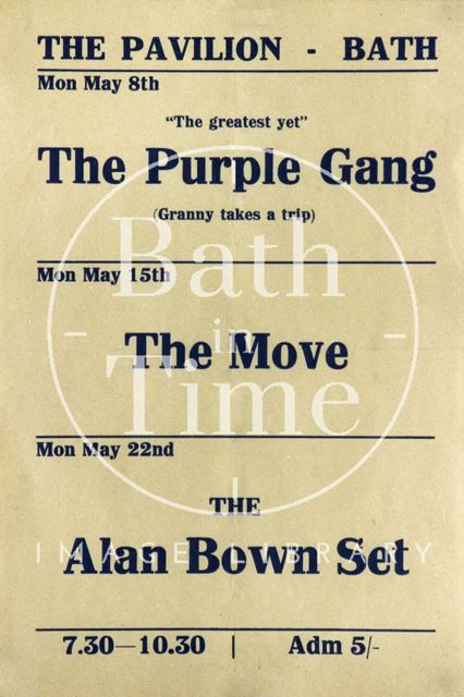 Flyer or poster for the Purple Gang, the Move and the Alan Bown Set at the Pavilion, Bath 1967