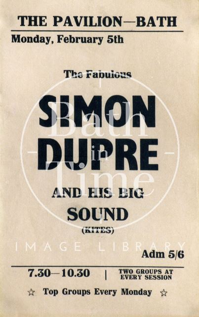 Flyer or poster for Simon Dupre and his Big Sound at the Pavilion, Bath 1968