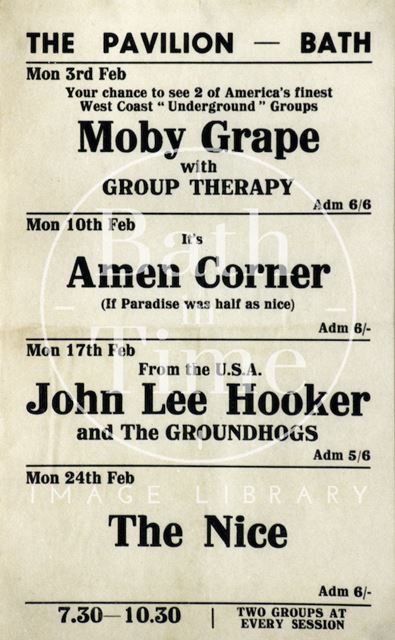 Flyer or poster for Moby Grape with Group therapy, Amen Corner, John lee Hooker and the Groundhogs and the Nice at the Pavilion, Bath 1969