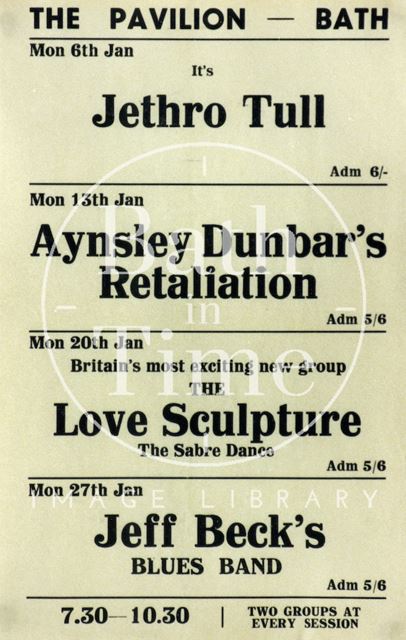 Flyer or poster for Jethro Tull, Aynsley Dunbar's Retaliation, the Love Sculpture (featuring Dave Edmunds) and Jeff Beck's Blues Band at the Pavilion, Bath 1969