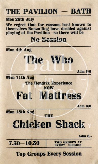 Flyer or poster for the Who, Fat Mattress and the Chicken Shack at the Pavilion, Bath 1969