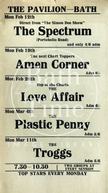 Flyer or poster for the Spectrum, Amen Corner, the Love Affair, the Plastic Penny and the Troggs at the Pavilion, Bath 1968