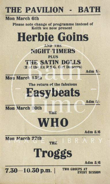 Flyer or poster for Herbie Goins and the Nightimers, the Easybeats, the Who and the Troggs at the Pavilion, Bath 1967