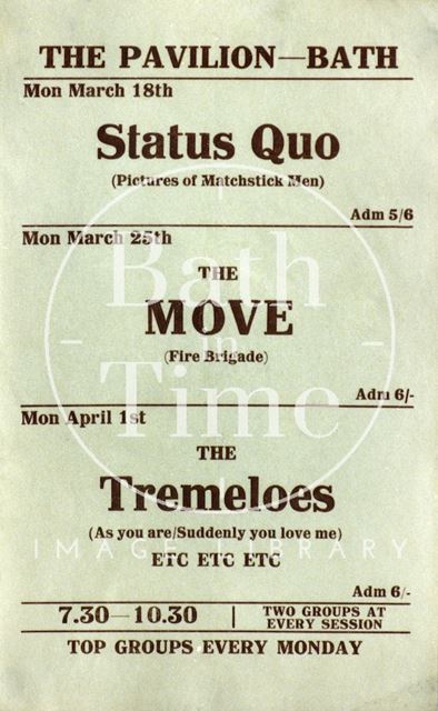 Flyer or poster for Status Quo, the Move and the Tremeloes, Pavilion, Bath 1968