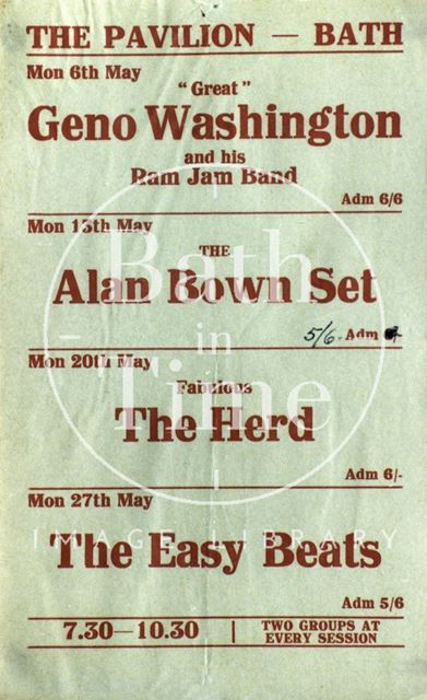 Flyer or poster for Geno Washington and his Ram Jam Band, the Alan Bown Set, the Herd and the Easy Beats at the Pavilion, Bath 1968